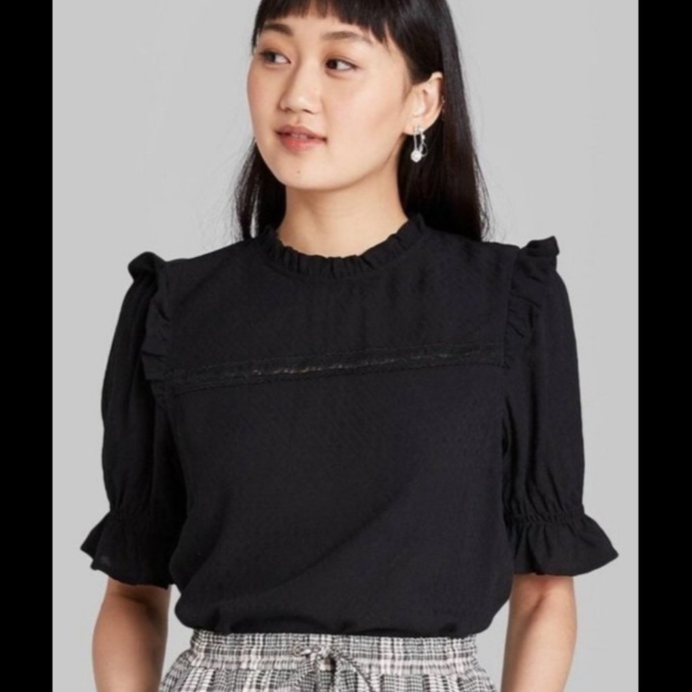 WILD FABLE - FEMME BOXY RUFFLE HIGH NECK TOP - BLACK - LARGE